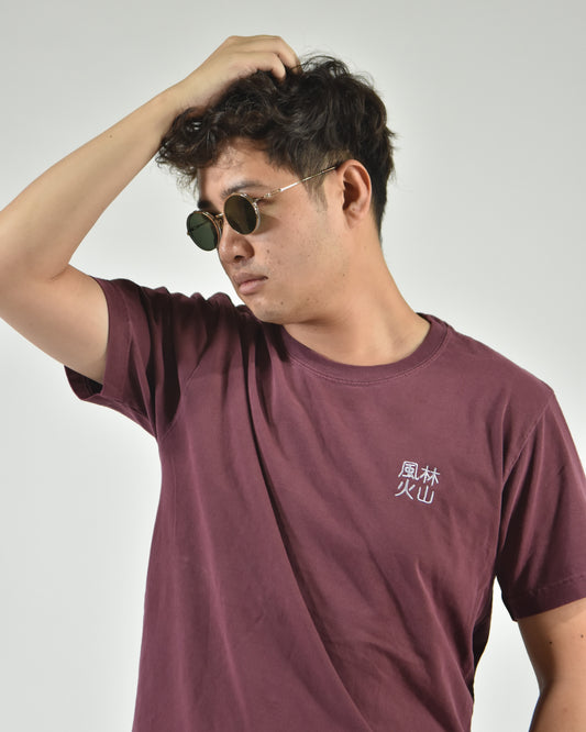 風林火山 wind, forest, fire, mountain shirt in washed maroon, worn by a model