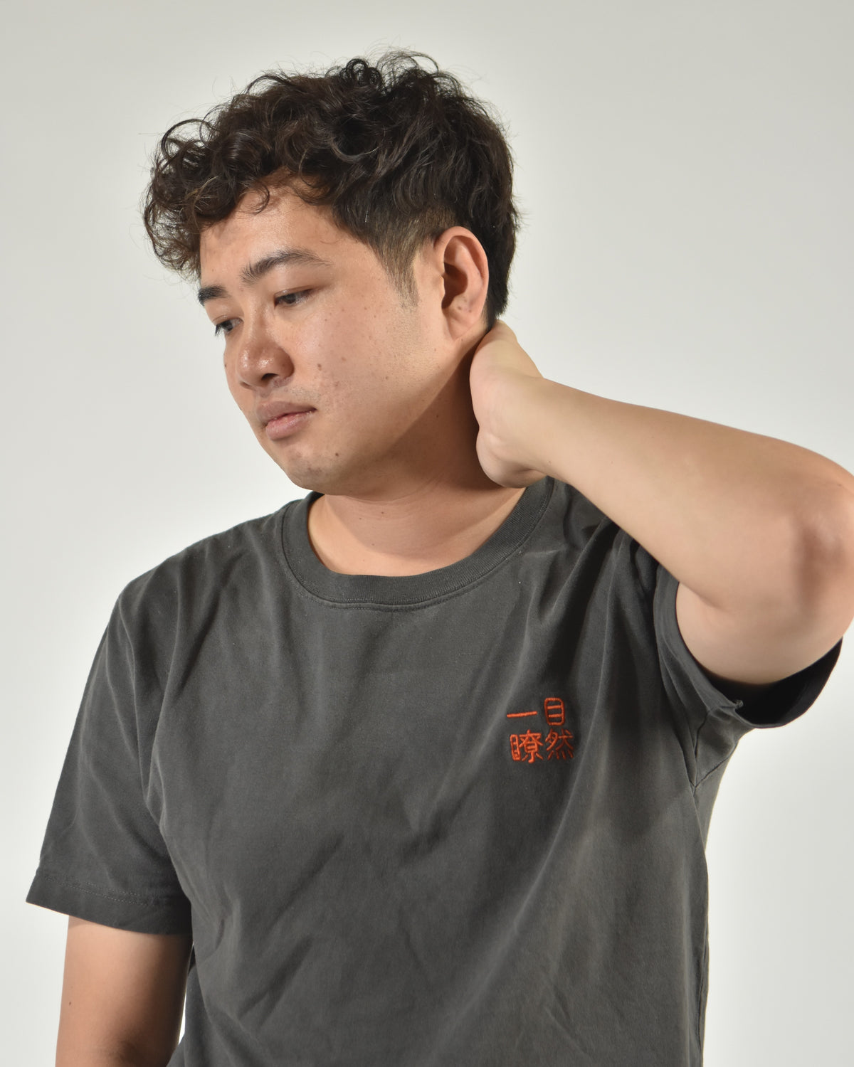 一目瞭然 clear as day shirt in washed charcoal, worn by a model