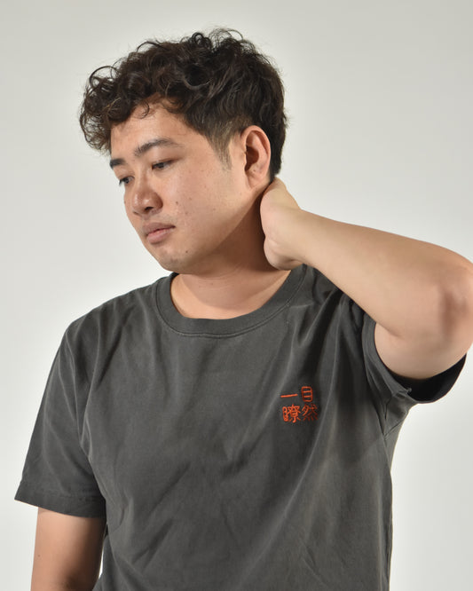 一目瞭然 clear as day shirt in washed charcoal, worn by a model