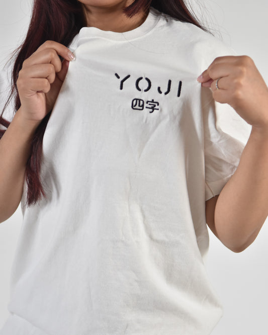 YOJI white shirt, worn by a model